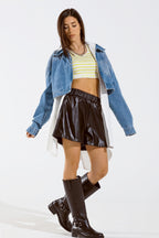 Cropped Denim Jacket with Zipper Closure and Hand Painted Print at the  Back