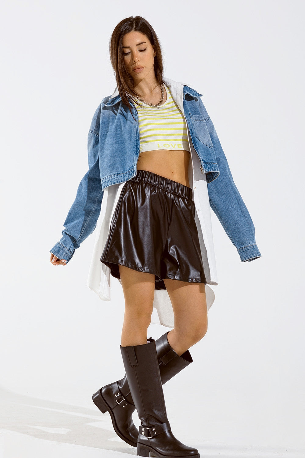 Cropped Denim Jacket with Zipper Closure and Hand Painted Print at the  Back