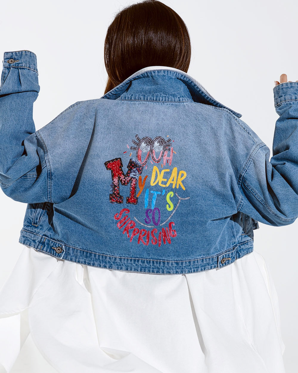 Cropped Denim Jacket with Zipper Closure and Hand Painted Print at the  Back