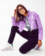 Cropped Denim Trucker Jacket in Purple