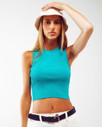 Cropped Knitted Tank Top in Turquoise