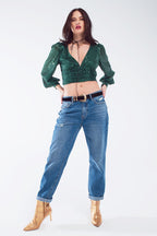 Cropped Long Sleeve Sequin Top with V-Neck and Rouched Design in Green
