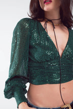 Cropped Long Sleeve Sequin Top with V-Neck and Rouched Design in Green