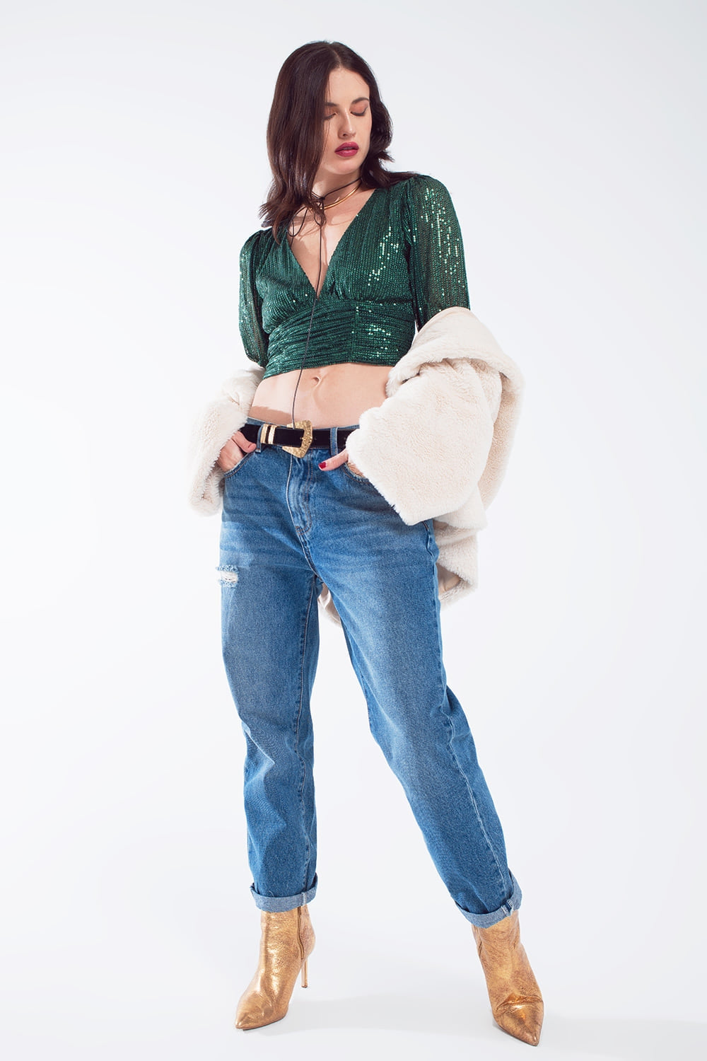 Cropped Long Sleeve Sequin Top with V-Neck and Rouched Design in Green