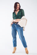 Cropped Long Sleeve Sequin Top with V-Neck and Rouched Design in Green