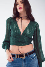 Cropped Long Sleeve Sequin Top with V-Neck and Rouched Design in Green