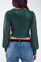 Cropped Long Sleeve Sequin Top with V-Neck and Rouched Design in Green