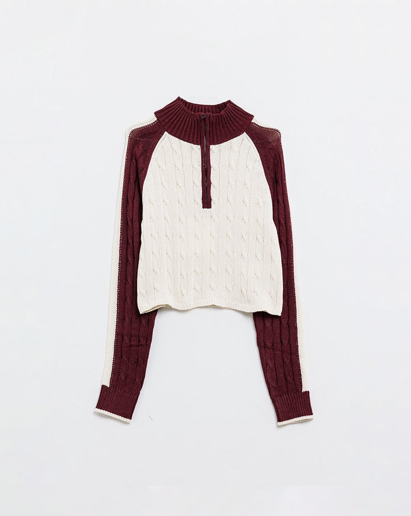Cropped White and Burgundy Sweater with Neck Zipper