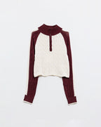 Cropped White and Burgundy Sweater with Neck Zipper