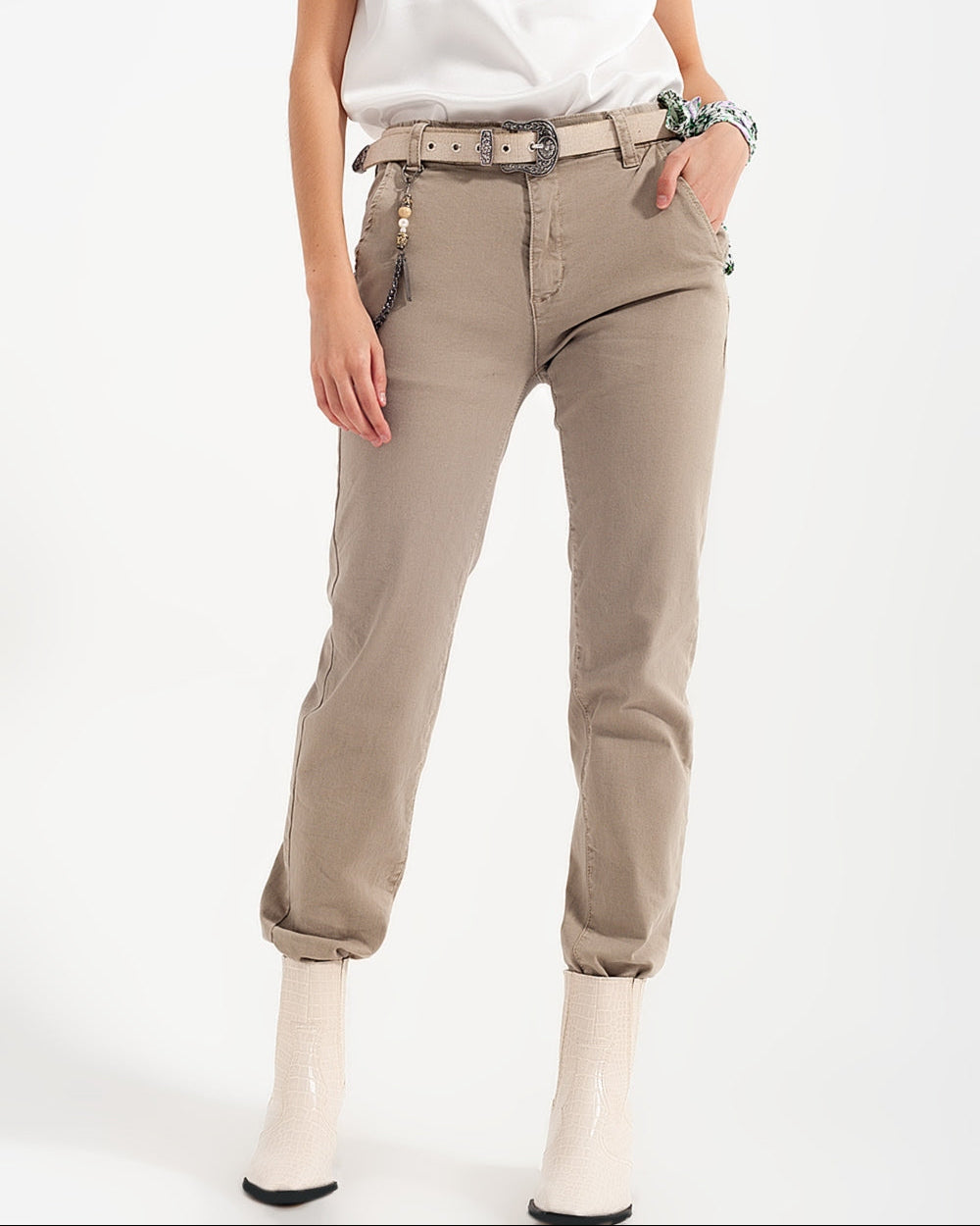 Cuffed Utility Pants with Chain in Beige