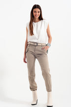 Cuffed Utility Pants with Chain in Beige