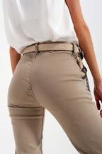 Cuffed Utility Pants with Chain in Beige