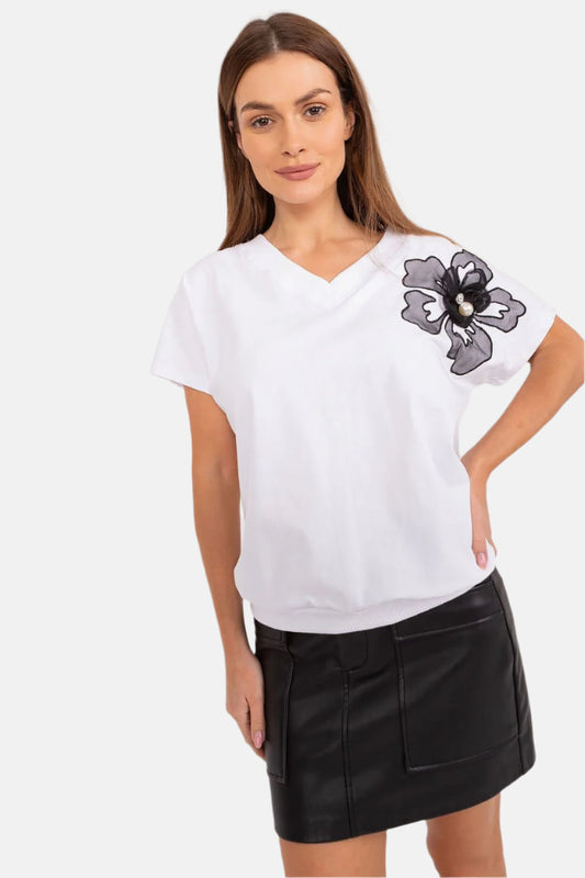 Flower Decor V-Neck T-Shirt