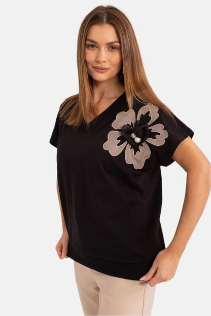 Flower Decor V-Neck T-Shirt