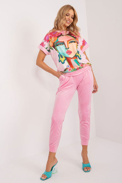 Art Print Velour Top & Pants Set Pink