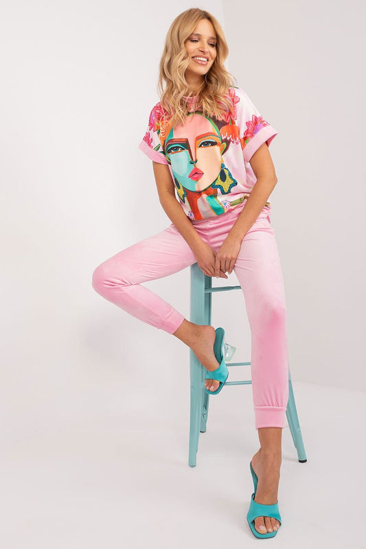 Art Print Velour Top & Pants Set Pink