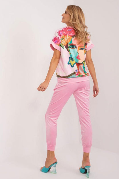 Art Print Velour Top & Pants Set Pink