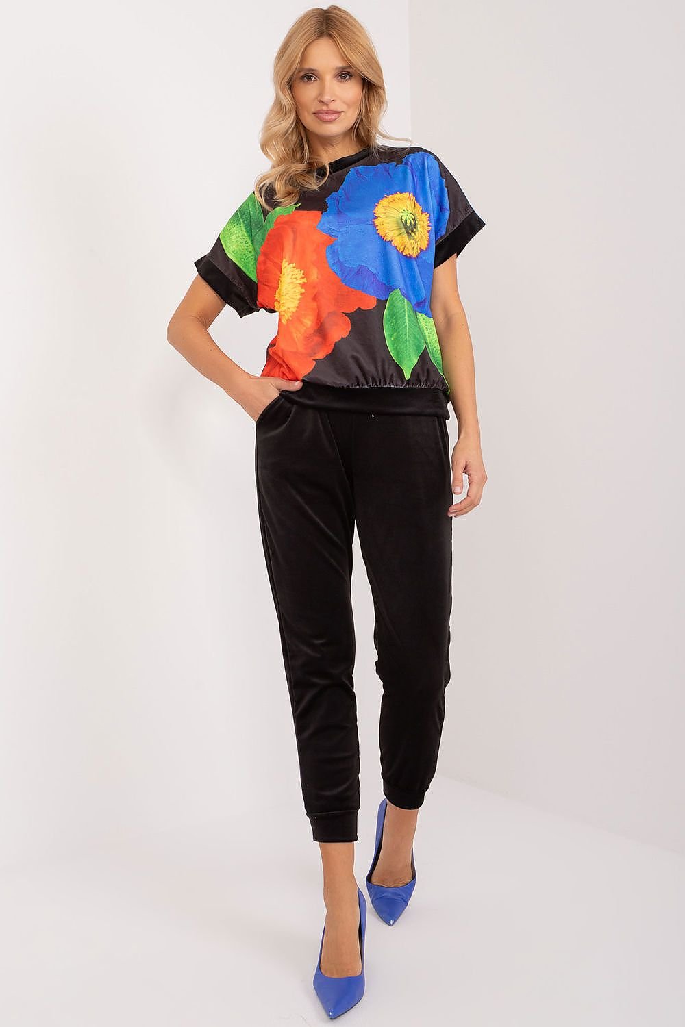 Flower Print Velour Top & Pants Set Black