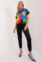 Flower Print Velour Top & Pants Set Black