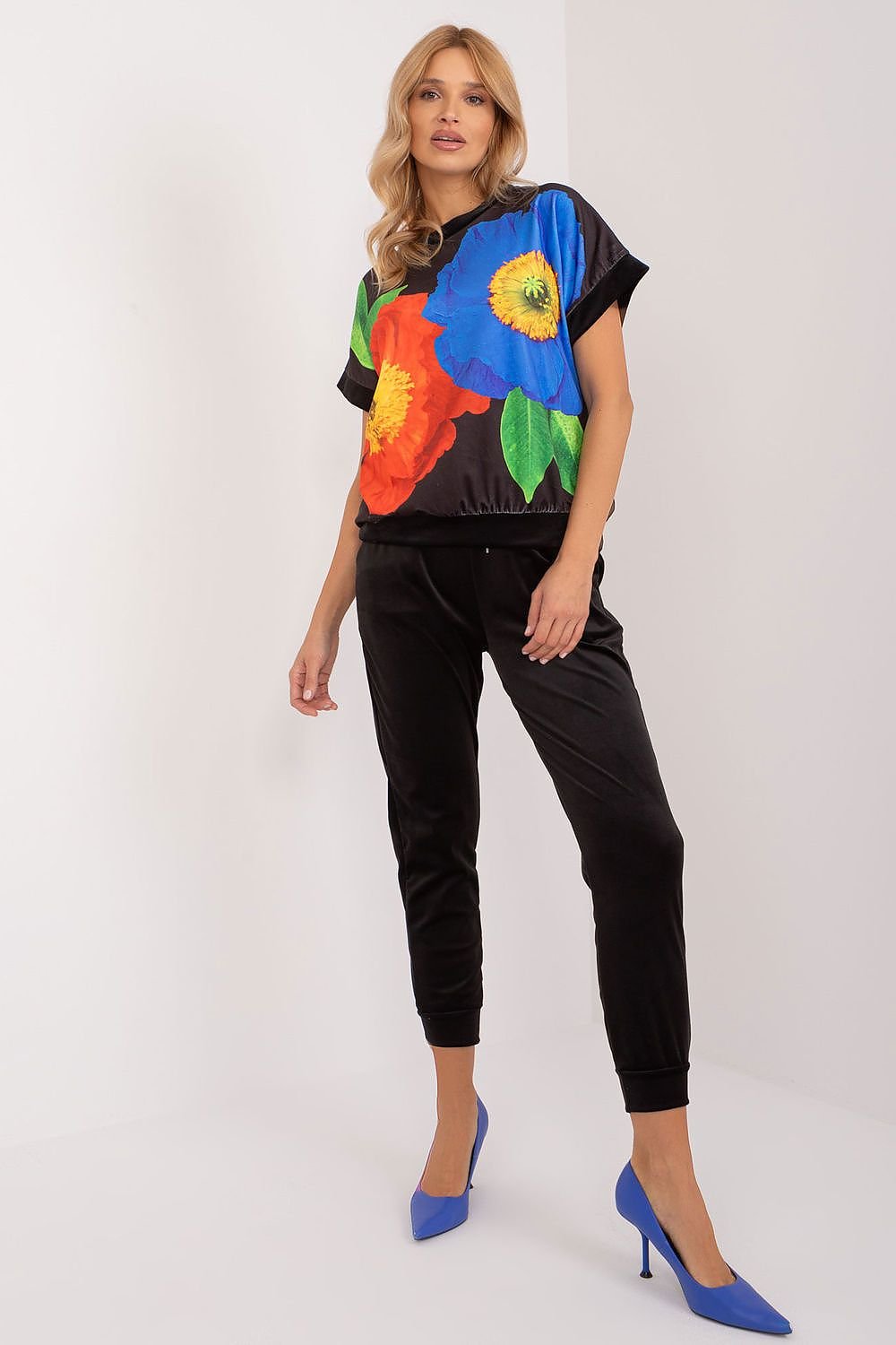 Flower Print Velour Top & Pants Set Black