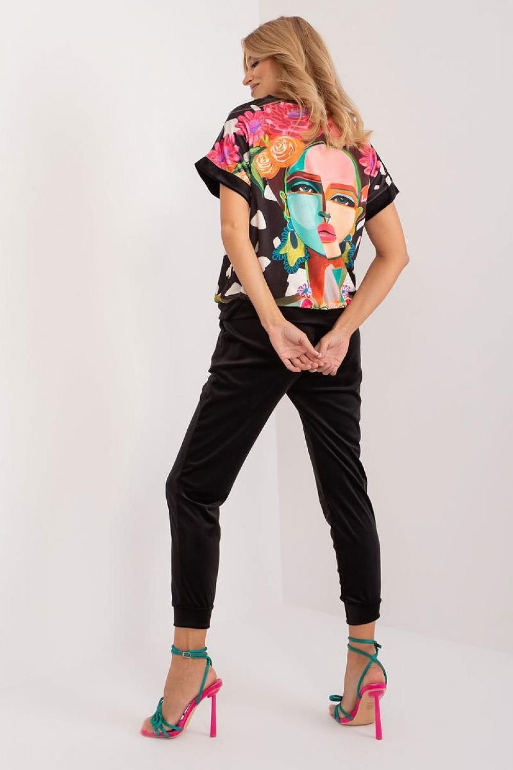 Abstract Print Velour Top & Pants Set Black