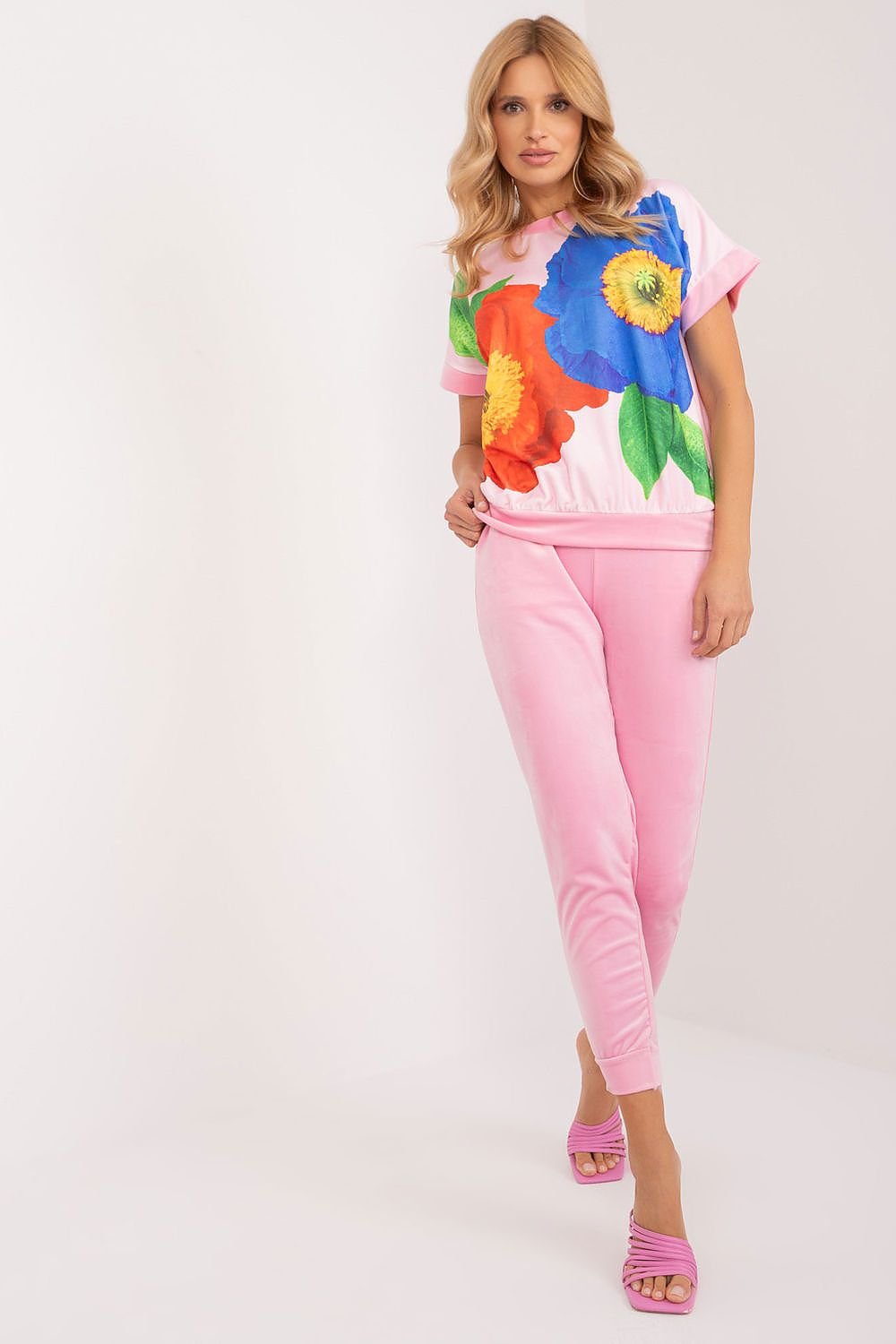 Flower Print Velour Top & Pants Set Pink