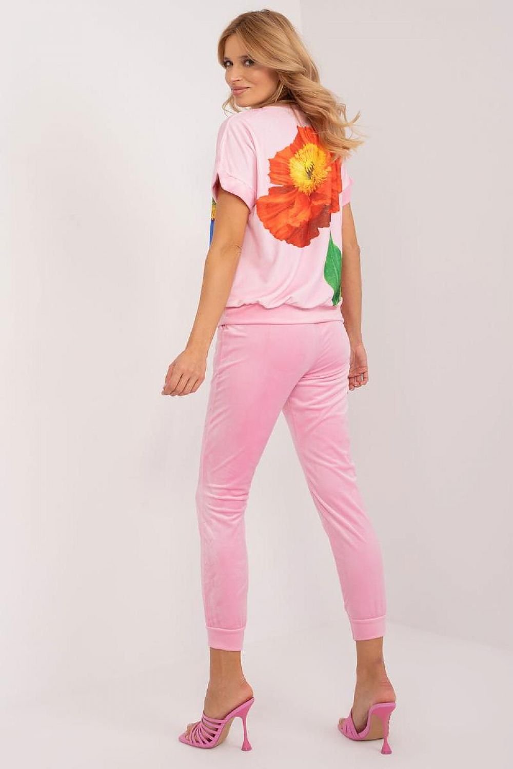 Flower Print Velour Top & Pants Set Pink