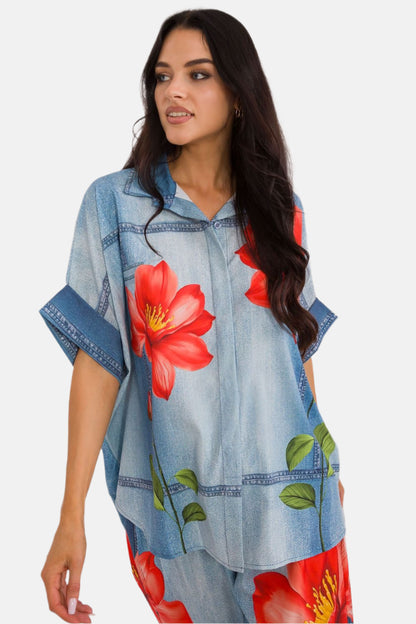 Flower Print Short Sleeve Relaxed Shirt