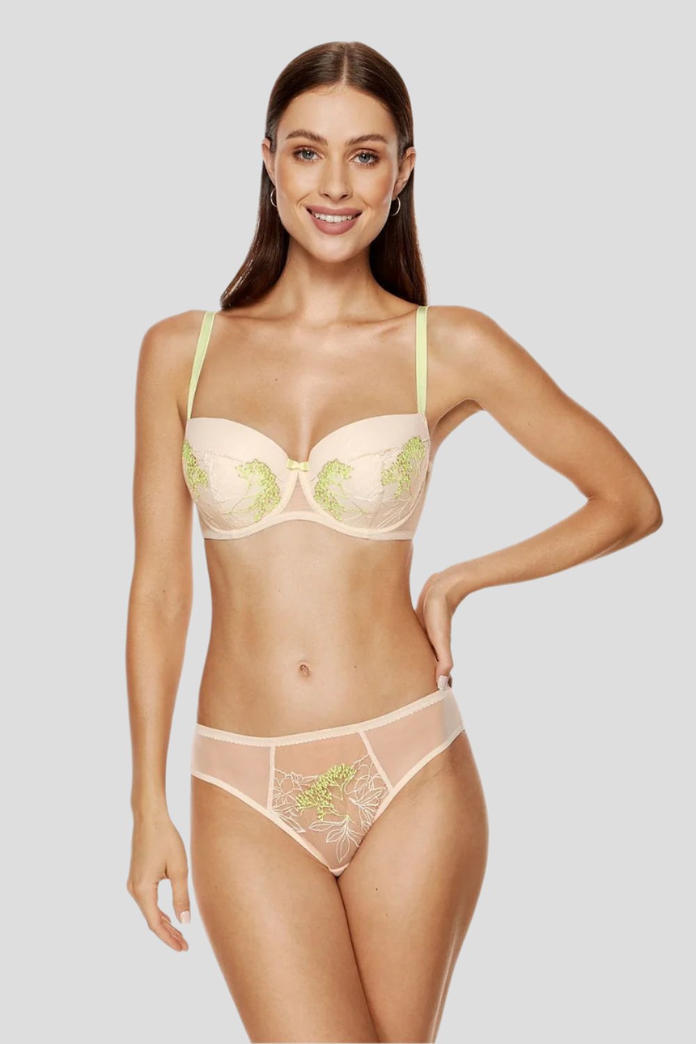 Beige Elegant Padded Bra with Embroidery