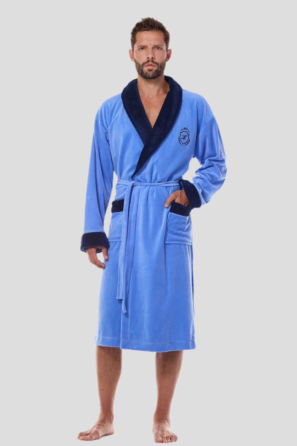 Light Blue Men's Bathrobe with Chest Embroidery
