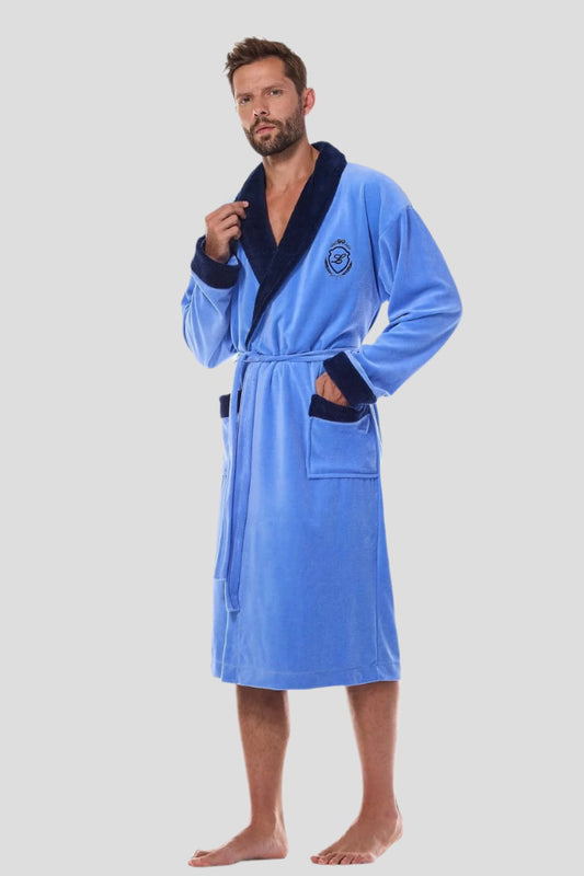 Light Blue Men's Bathrobe with Chest Embroidery