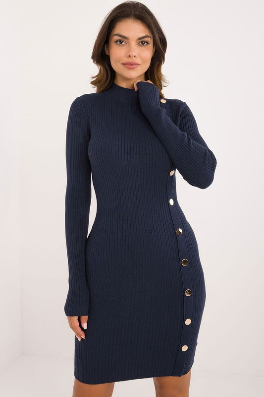 Knitted Fitted Long Sleeve Dress with Buttons in Navy