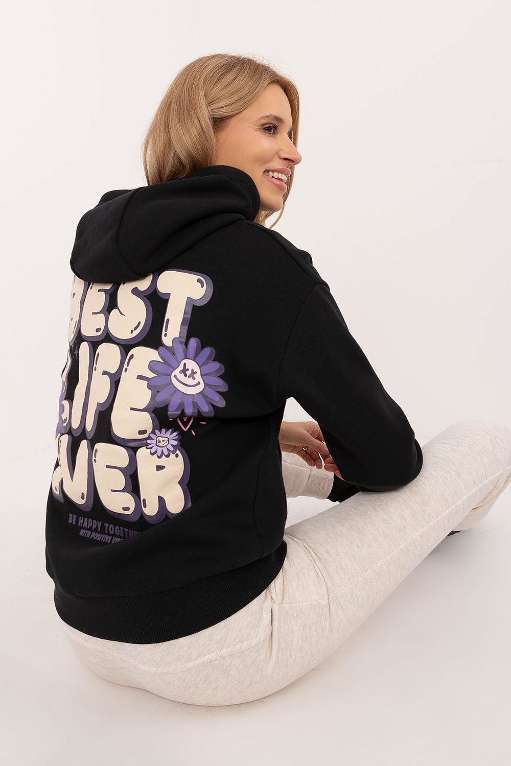 Be Happy Fun Print Hoodie Charcoal