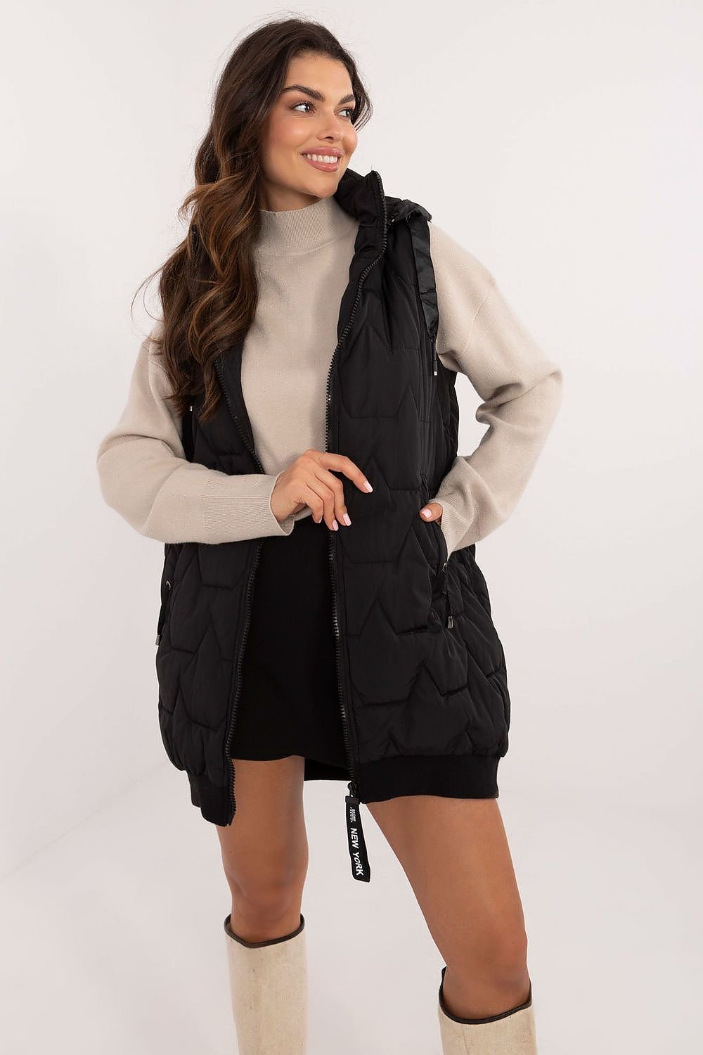 Quilted Long Zip-Up Hooded Vest