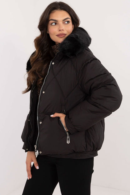 Winter Jacket with Fur Trimmed Hood Black