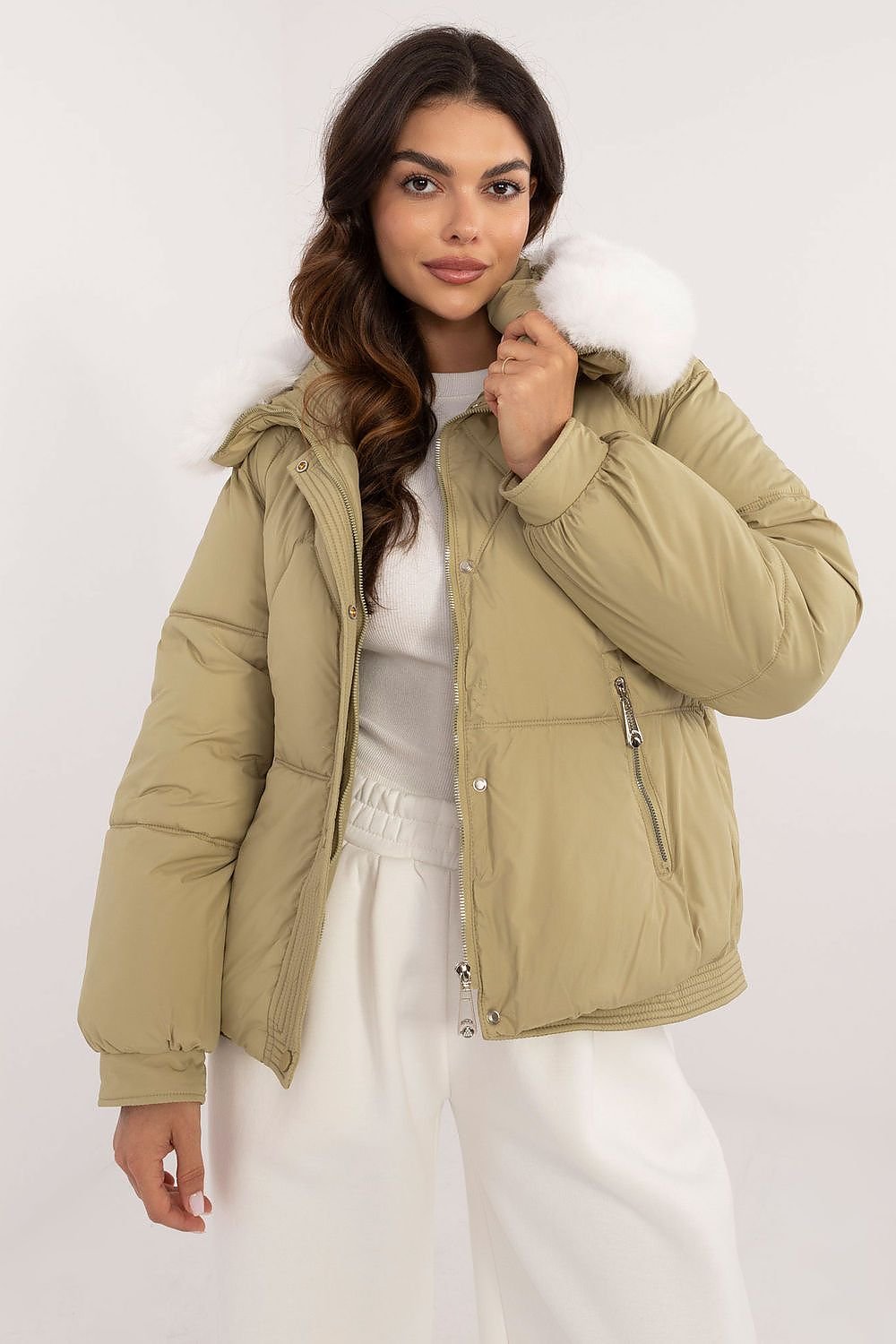 Winter Jacket with Fur Trimmed Hood Olive