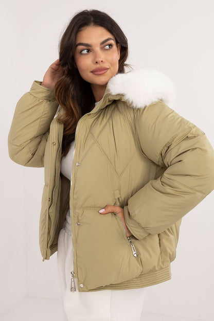 Winter Jacket with Fur Trimmed Hood Olive