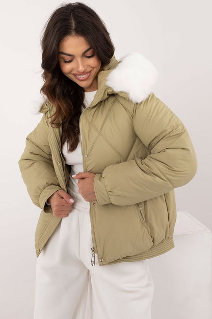 Winter Jacket with Fur Trimmed Hood Olive