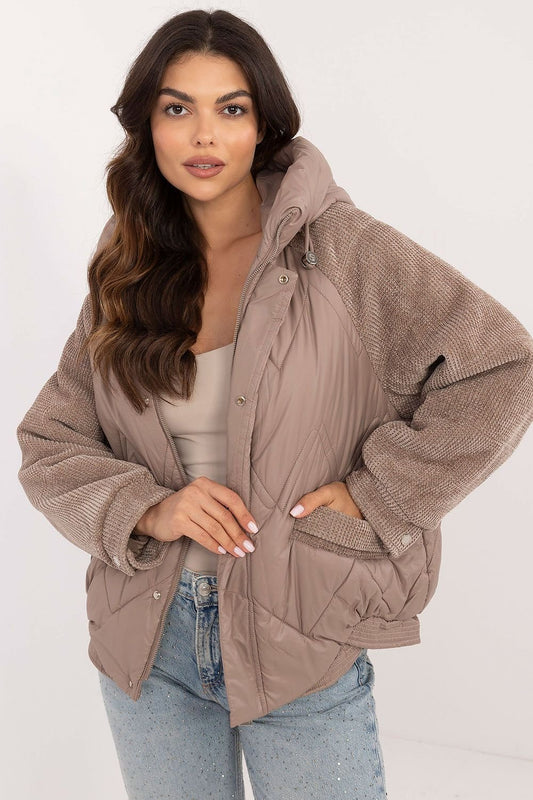 Combined Zip-Up Hooded Jacket in Taupe