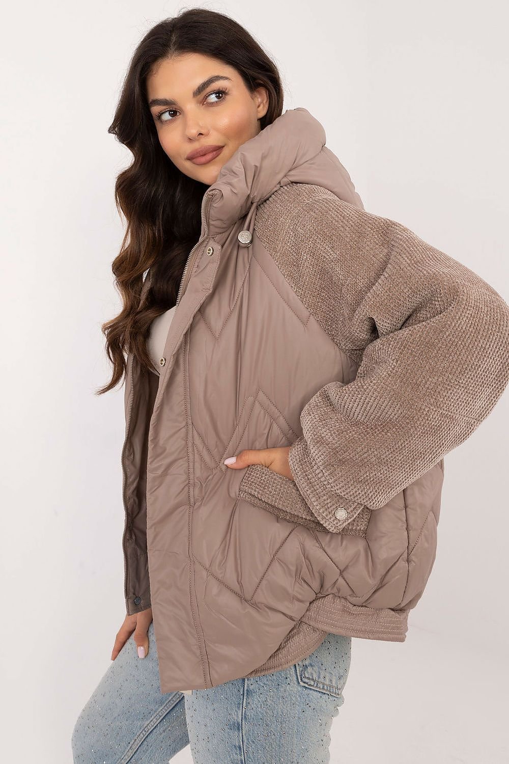 Combined Zip-Up Hooded Jacket in Taupe