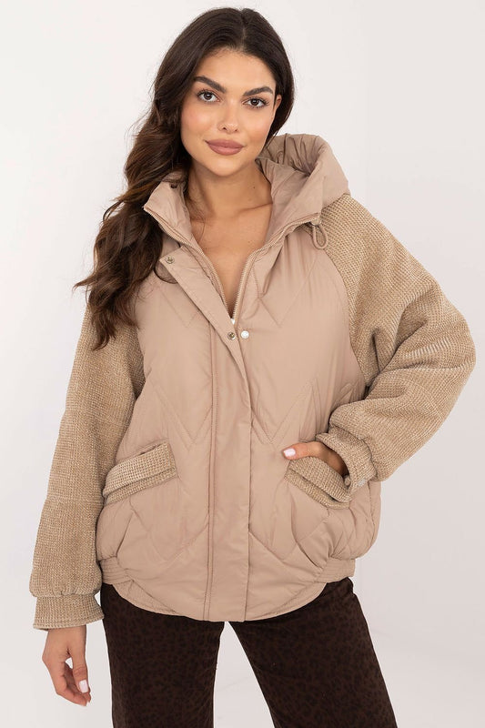 Combined Zip-Up Hooded Jacket in Mocha