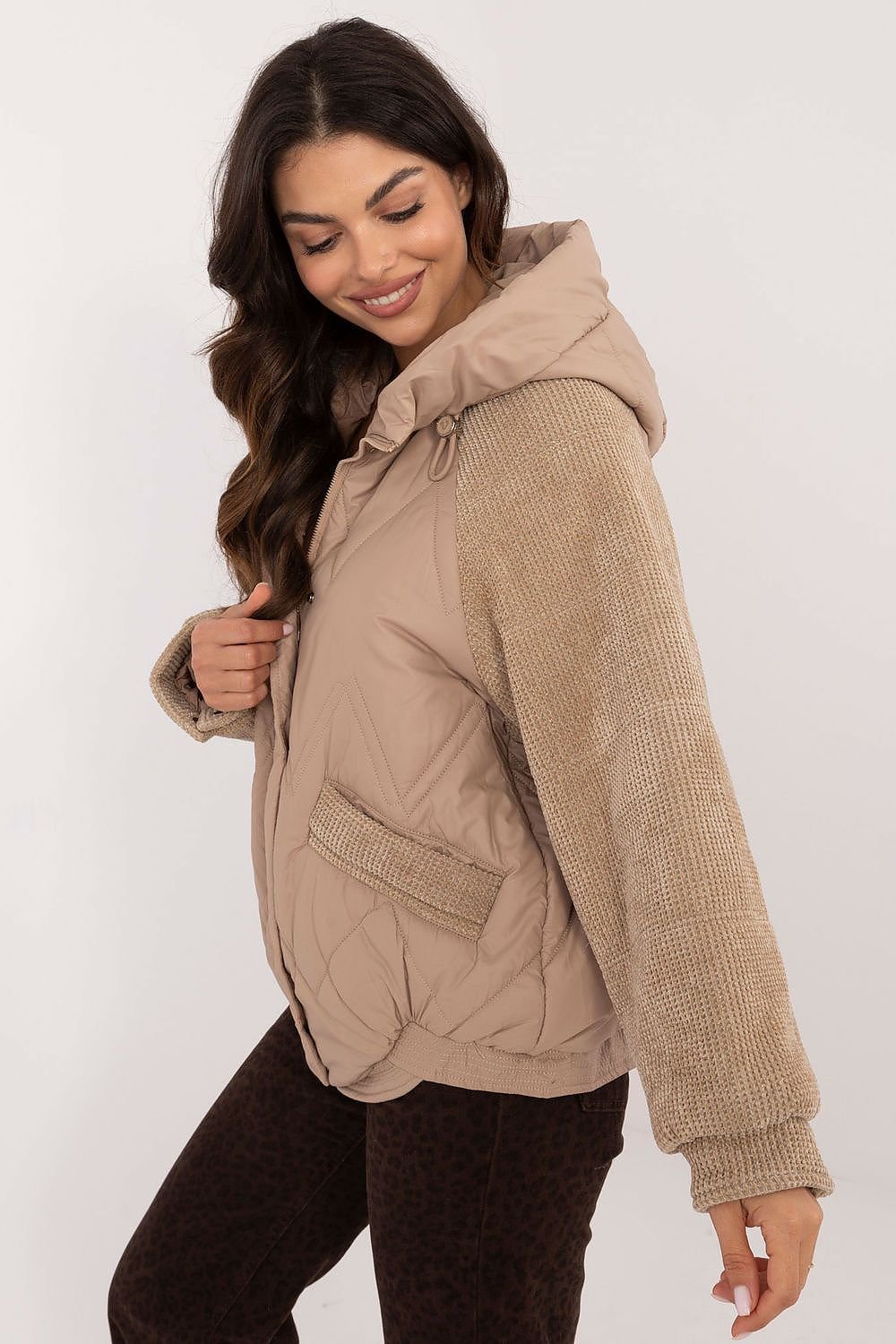 Combined Zip-Up Hooded Jacket in Mocha