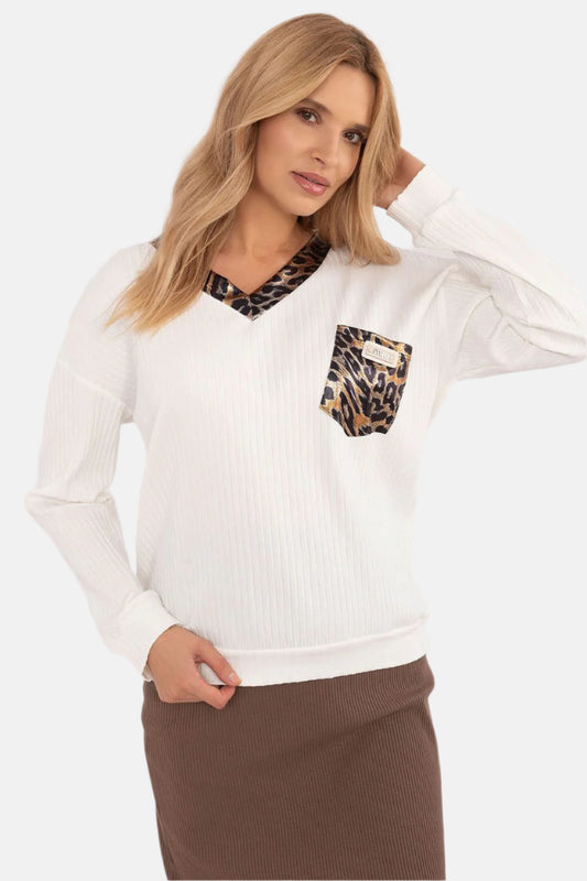 Contrast Trim Pocket V-Neck Blouse