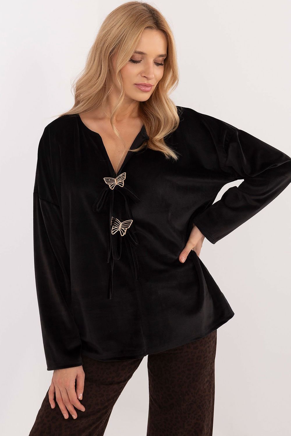 Velour Blouse with Decorative Ties