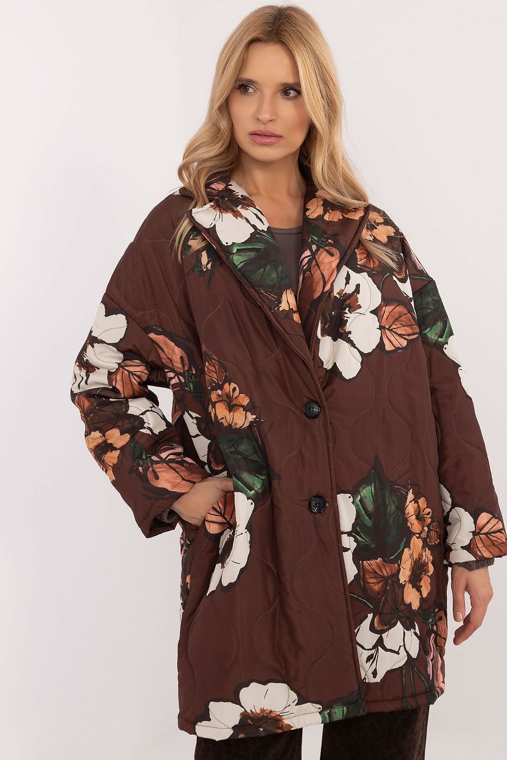 Floral Print Button Jacket Coffee Brown