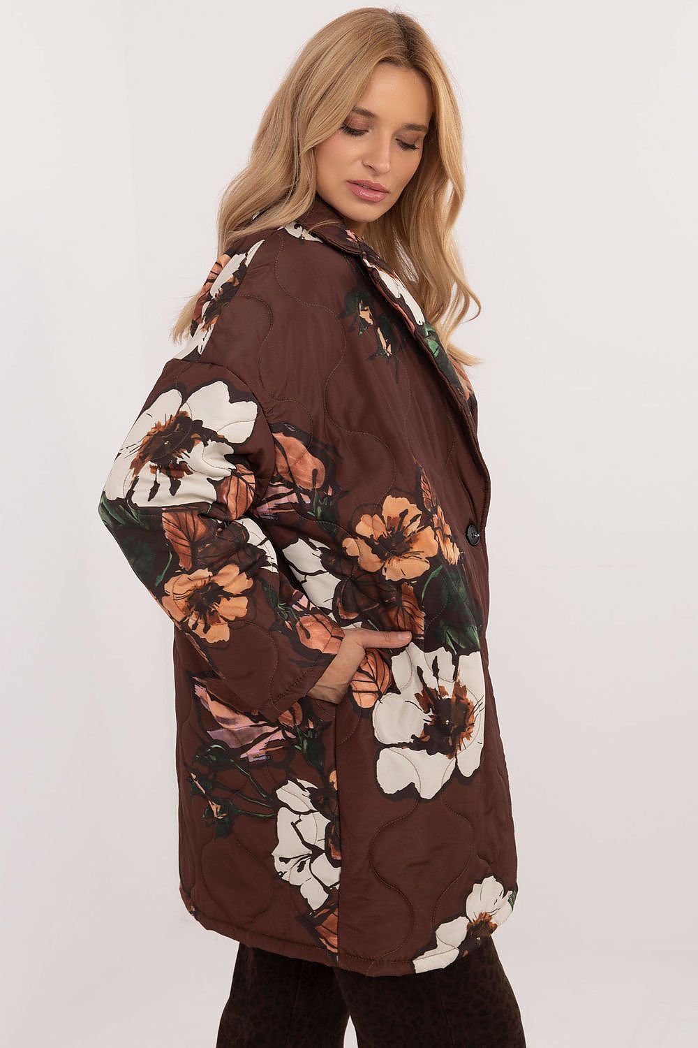 Floral Print Button Jacket Coffee Brown