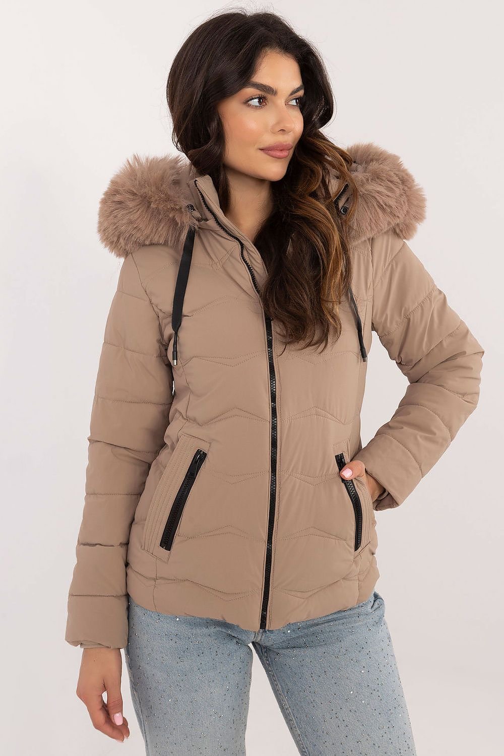 Short Warm Hooded Jacket in Taupe