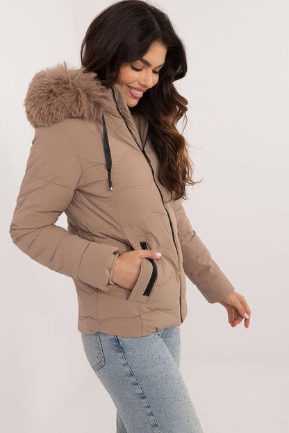 Short Warm Hooded Jacket in Taupe