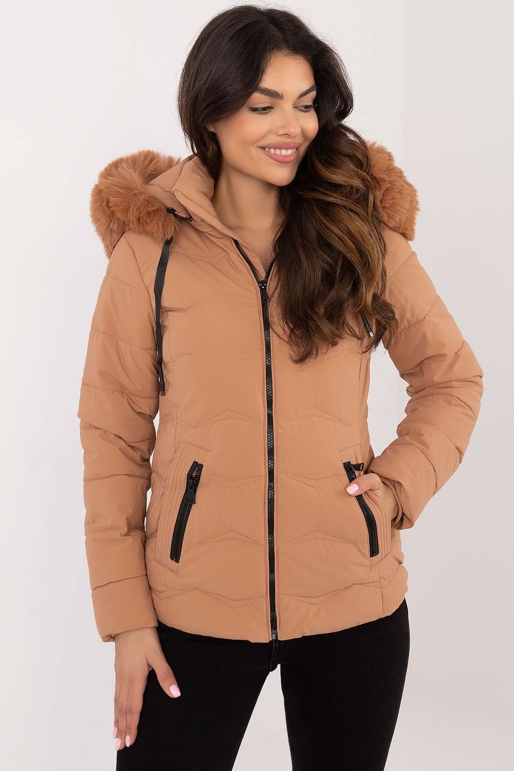 Short Warm Hooded Jacket Camel Brown