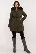 Winter Trench Down Jacket with Fur Hood Dusty Green